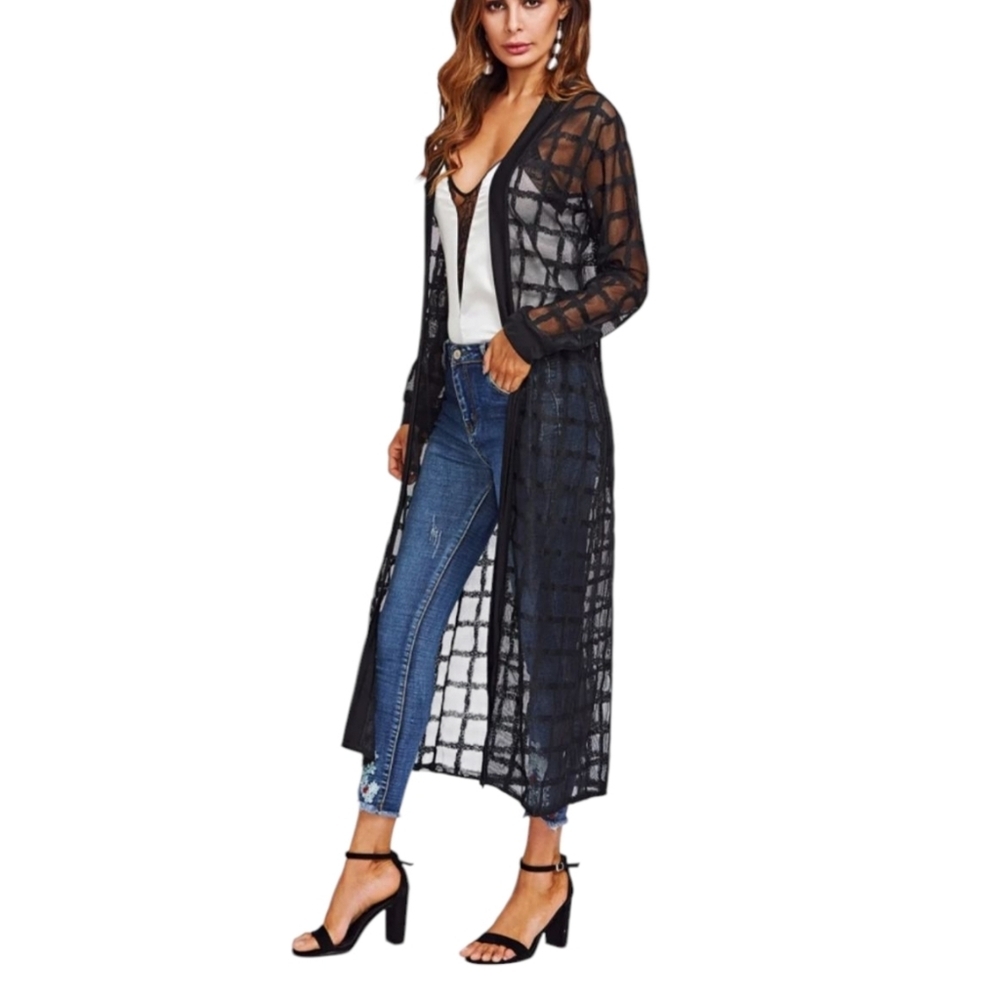 Plaid Mesh Longline Kimono Size Medium  Swimsuit Coverup Satin Trim Windowpane.